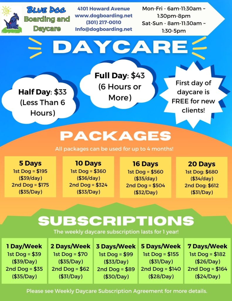 Blue Dog Boarding and Daycare Pricing